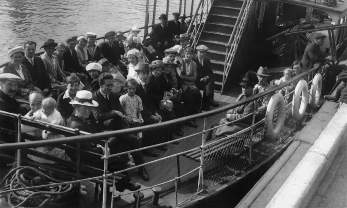 Framed Print : Passengers on board a boat, Bournemouth, Dorset, 1921 Framed Print : Passengers on board a boat, Bournemouth, Dorset, 1921