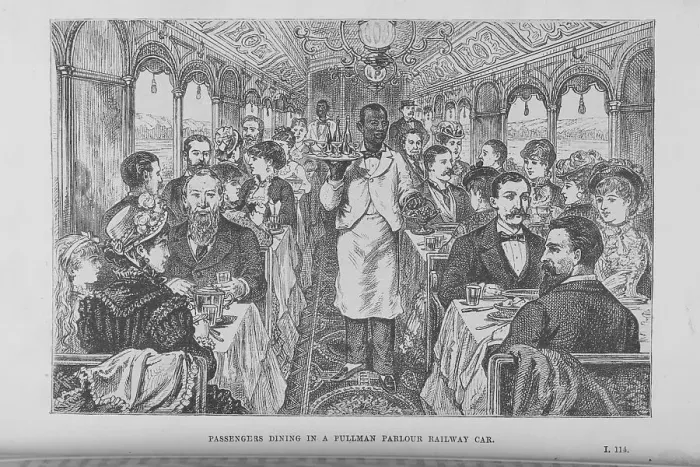 Framed Print : Passengers dining in a Pullman parlour railway car, 1882. Creator: Unknown Framed Print : Passengers dining in a Pullman parlour railway car, 1882. Creator: Unknown