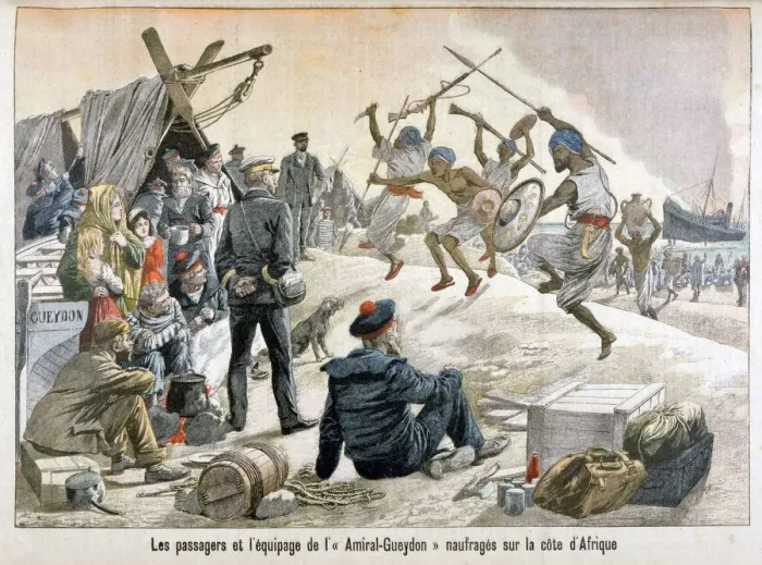 Framed Print : The passengers and equipment of Admiral Gueydon shipwrecked on the African coast, 1903 Framed Print : The passengers and equipment of Admiral Gueydon shipwrecked on the African coast, 1903