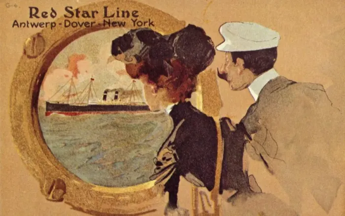 Framed Print : Passengers looking through the porthole on board a Red Star ocean liner, c1900. Creator: Unknown Framed Print : Passengers looking through the porthole on board a Red Star ocean liner, c1900. Creator: Unknown