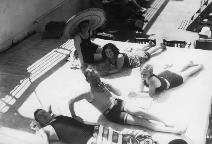 Framed Print : Passengers sunbathing on board a cruise ship, c1920s-c1930s(?) Framed Print : Passengers sunbathing on board a cruise ship, c1920s-c1930s(?)