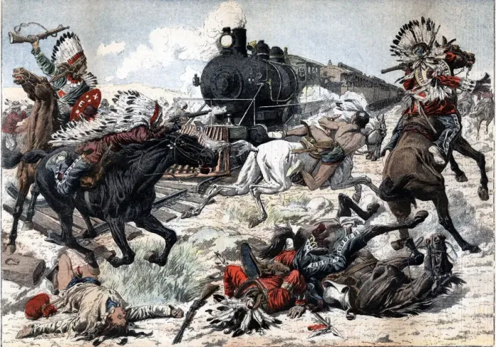 Framed Print : Passengers train, attacked by a tribe of Red Indians in Arizona, drawing published Framed Print : Passengers train, attacked by a tribe of Red Indians in Arizona, drawing published