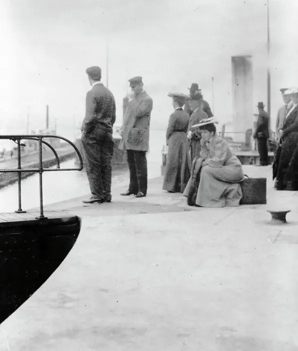 Framed Print : Passengers waiting to board a freighter at the locks at Sault Sainte Marie, Michigan, 1903. Creator: Frances Benjamin Johnston Framed Print : Passengers waiting to board a freighter at the locks at Sault Sainte Marie, Michigan, 1903. Creator: Frances Benjamin Johnston