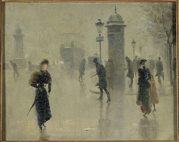 Passers-by on the boulevard on a winter's day, circa 1895. Creator: Unknown