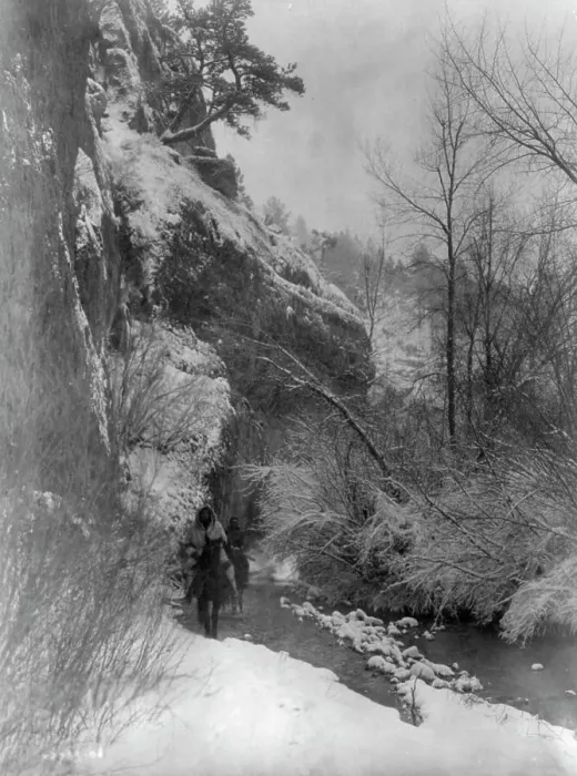 Framed Print : Passing the cliff-Apsaroke, c1908. Creator: Edward Sheriff Curtis Framed Print : Passing the cliff-Apsaroke, c1908. Creator: Edward Sheriff Curtis
