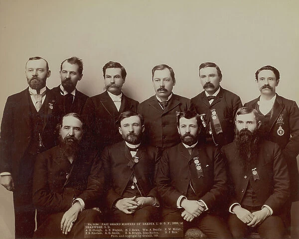 Past Grand Masters of Dakota IOO F, 1890, at Deadwood, SD AE Clough, AENugent, HJ Rowe... 1890. Creator: John C. H. Grabill
