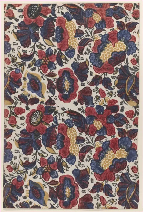 Framed Print : Paste end paper with overall pattern of red, blue, and yellow flowers, 19th century. 19th century. Creator: Anon Framed Print : Paste end paper with overall pattern of red, blue, and yellow flowers, 19th century. 19th century. Creator: Anon