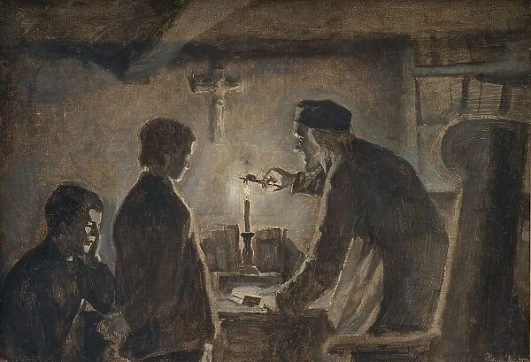 Pastor Sören blows out the candle on the New Year's Eve, 1898-1902. Creator: Hans Smidth