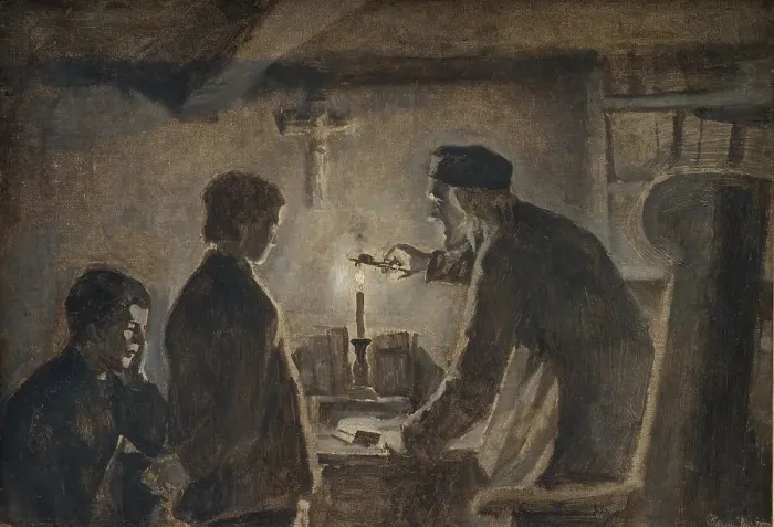 Framed Print : Pastor Sören blows out the candle on the New Year's Eve, 1898-1902. Creator: Hans Smidth Framed Print : Pastor Sören blows out the candle on the New Year's Eve, 1898-1902. Creator: Hans Smidth