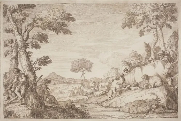 Framed Print : A Pastoral Journey with a Boy Playing His Flute by a Tree, 1759. Creator: Gaetano Gherardo Zompini Framed Print : A Pastoral Journey with a Boy Playing His Flute by a Tree, 1759. Creator: Gaetano Gherardo Zompini