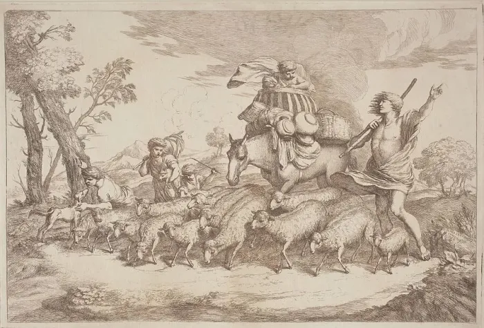 Framed Print : A Pastoral Journey with a Child in a Basket on Horseback, 1758 / 1759. Creator: Gaetano Gherardo Zompini Framed Print : A Pastoral Journey with a Child in a Basket on Horseback, 1758 / 1759. Creator: Gaetano Gherardo Zompini