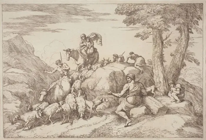 Framed Print : A Pastoral Journey with a Mother and Child on Horesback and an Elderly Shepherd... 1758 / 1759. Creator: Gaetano Gherardo Zompini Framed Print : A Pastoral Journey with a Mother and Child on Horesback and an Elderly Shepherd... 1758 / 1759. Creator: Gaetano Gherardo Zompini