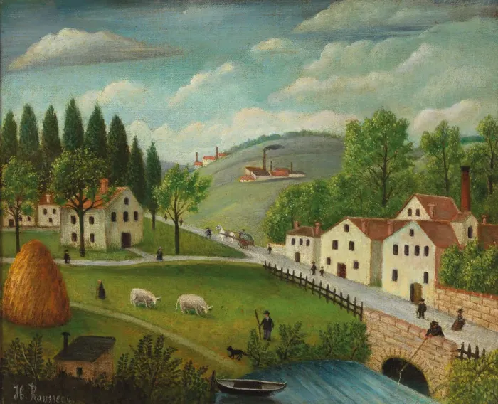 Framed Print : Pastoral landscape with stream, fisherman and strollers, ca 1877-1880. Creator: Rousseau Framed Print : Pastoral landscape with stream, fisherman and strollers, ca 1877-1880. Creator: Rousseau