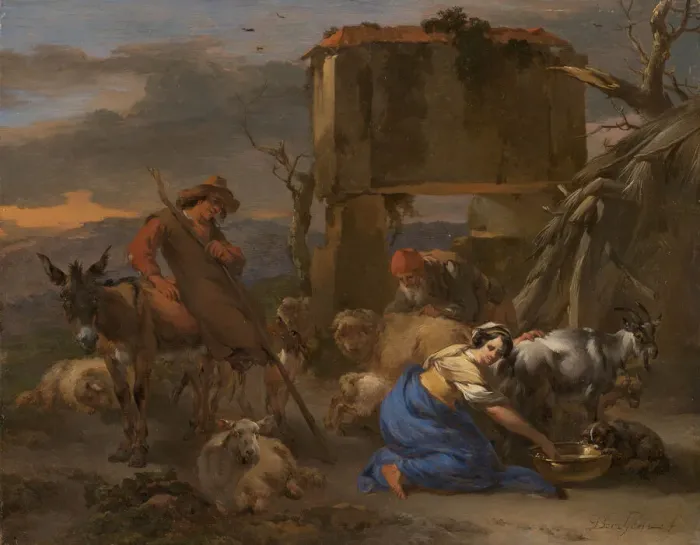 Framed Print : Pastoral Scene with a Shepherdess Milking a Goat, 1665  /  70. Creator: Nicolaes Berchem