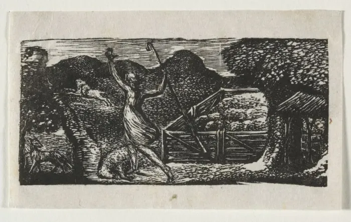 Framed Print : The Pastorals of Virgil, Eclogue I: The Shepherd chases away a wolf, 1821. Creator Framed Print : The Pastorals of Virgil, Eclogue I: The Shepherd chases away a wolf, 1821. Creator