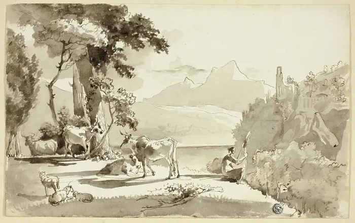 Framed Print : Pastural Landscape with Woman Spinning, n.d. Creator: Juan Cristobal Framed Print : Pastural Landscape with Woman Spinning, n.d. Creator: Juan Cristobal