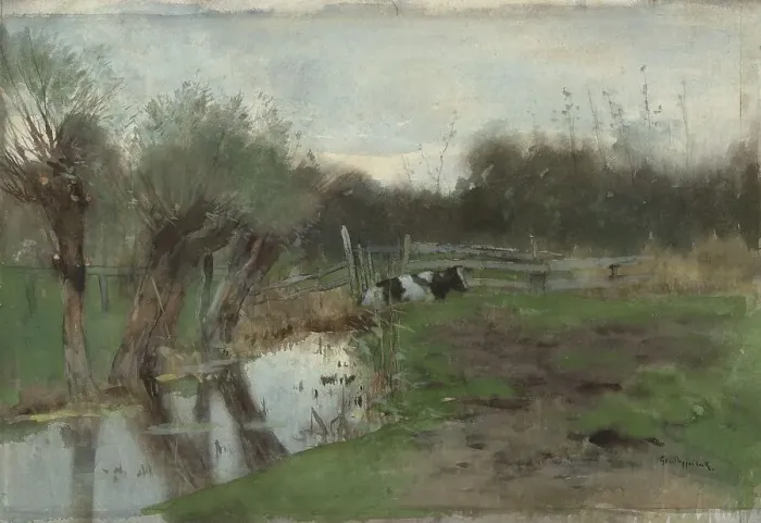 Framed Print : Pasture with cow by a stream, 1863-1895. Creator: George Poggenbeek Framed Print : Pasture with cow by a stream, 1863-1895. Creator: George Poggenbeek