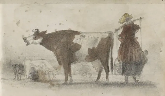 Framed Print : Pasture with cows and a farmer's wife with a yoke, 1864-1880. Creator: Johannes Tavenraat Framed Print : Pasture with cows and a farmer's wife with a yoke, 1864-1880. Creator: Johannes Tavenraat