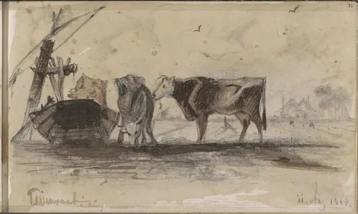 Framed Print : Pasture with cows at a trough, 1864. Creator: Johannes Tavenraat Framed Print : Pasture with cows at a trough, 1864. Creator: Johannes Tavenraat