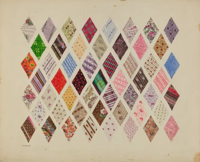 Framed Print : Patches of Diamond Patchwork Quilt, c. 1937. Creator: Edith Magnette Framed Print : Patches of Diamond Patchwork Quilt, c. 1937. Creator: Edith Magnette