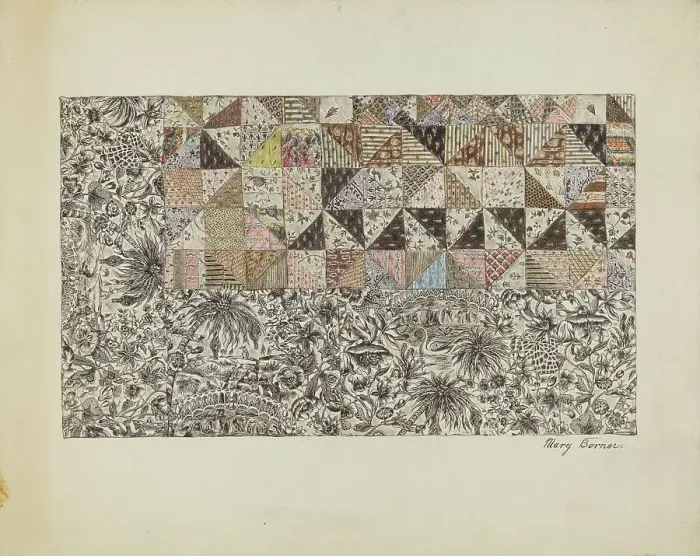 Framed Print : Patchwork Bedspread, c. 1937. Creator: Mary Berner Framed Print : Patchwork Bedspread, c. 1937. Creator: Mary Berner