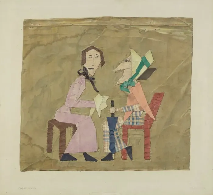 Framed Print : Patchwork Picture: Gossips, c. 1938. Creator: Carmel Wilson Framed Print : Patchwork Picture: Gossips, c. 1938. Creator: Carmel Wilson