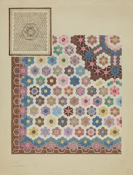 Framed Print : Patchwork Quilt, c. 1936. Creator: Elizabeth Valentine Framed Print : Patchwork Quilt, c. 1936. Creator: Elizabeth Valentine