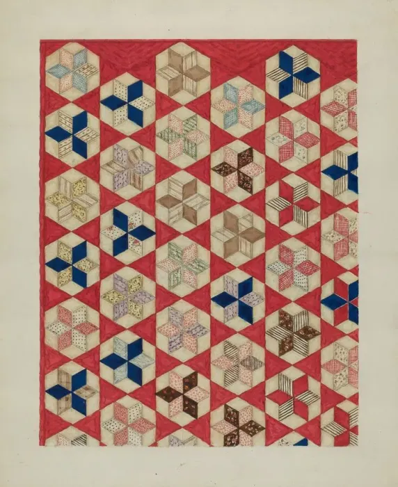 Framed Print : Patchwork Quilt - Evening Star, c. 1936. Creator: Lon Cronk