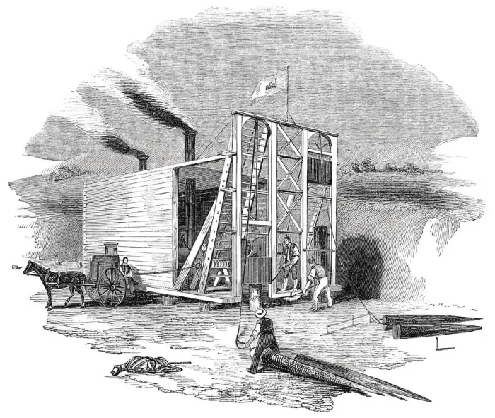 Framed Print : Patent American steam pile-driving engine, 1844. Creator: Unknown Framed Print : Patent American steam pile-driving engine, 1844. Creator: Unknown