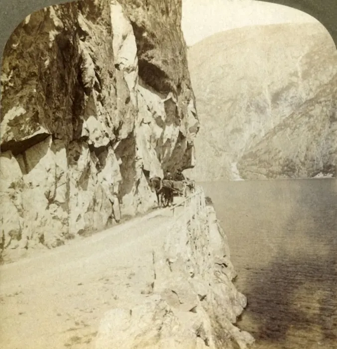 Framed Print : Path blasted out of the towering cliffs for a road around Oifjords Lake, Norway, 1905 Framed Print : Path blasted out of the towering cliffs for a road around Oifjords Lake, Norway, 1905
