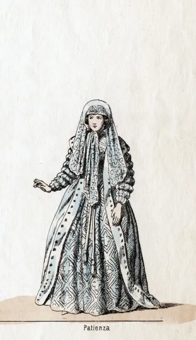 Framed Print : Patience, costume design for Shakespeares play, Henry VIII, 19th century Framed Print : Patience, costume design for Shakespeares play, Henry VIII, 19th century