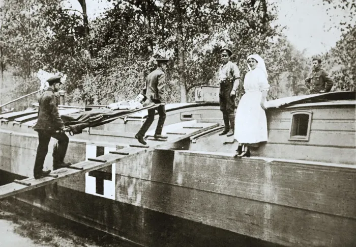 Framed Print : Patients being taken on board a hospital barge, Somme campaign, France, World War I, 1916 Framed Print : Patients being taken on board a hospital barge, Somme campaign, France, World War I, 1916