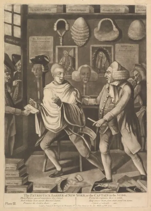 Framed Print : The Patriotick Barber of New York, or the Captain in Suds, February 14, 1775 Framed Print : The Patriotick Barber of New York, or the Captain in Suds, February 14, 1775