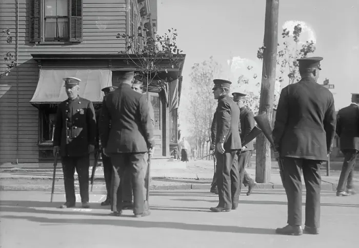 Framed Print : Patrol / Bayonne strike, (1916?). Creator: Bain News Service Framed Print : Patrol / Bayonne strike, (1916?). Creator: Bain News Service