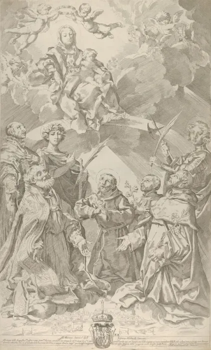 Framed Print : Patron saints of Bologna looking upwards at the Virgin who is seated in the clouds with Framed Print : Patron saints of Bologna looking upwards at the Virgin who is seated in the clouds with