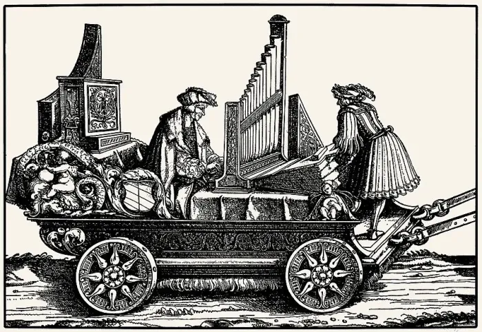 Framed Print : Paul Hofhaimer (1459-1537) on a wagon with positive organ, 1517. Creator: Burgkmair, Hans, the Elder (1473-1531) Framed Print : Paul Hofhaimer (1459-1537) on a wagon with positive organ, 1517. Creator: Burgkmair, Hans, the Elder (1473-1531)
