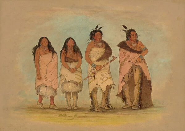 Pawneepict Chief, Two Daughters, and a Warrior, 1861  /  1869. Creator: George Catlin
