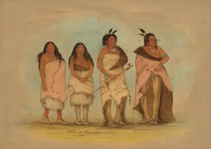 Framed Print : Pawneepict Chief, Two Daughters, and a Warrior, 1861 / 1869. Creator: George Catlin Framed Print : Pawneepict Chief, Two Daughters, and a Warrior, 1861 / 1869. Creator: George Catlin