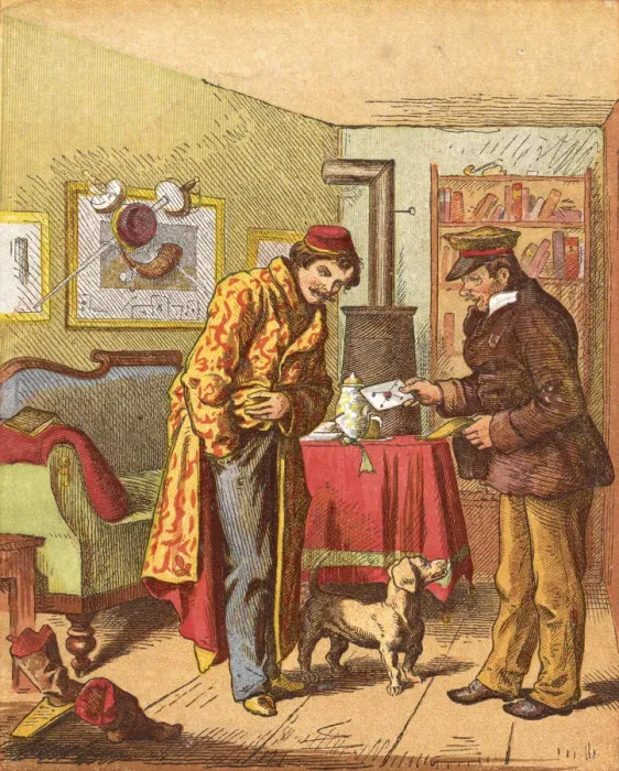 Framed Print : Paying for letter delivery, c1870 Artist: Oskar Pletsch Framed Print : Paying for letter delivery, c1870 Artist: Oskar Pletsch