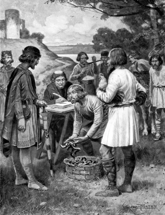 Framed Print : Paying rent in Saxon times, (c1920). Artist: Ernest Prater Framed Print : Paying rent in Saxon times, (c1920). Artist: Ernest Prater