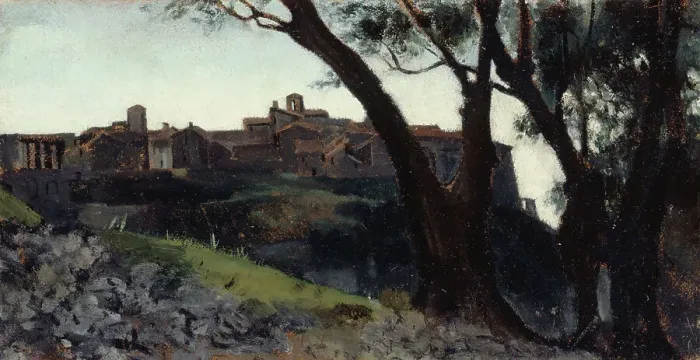Framed Print : Paysage d'Italie. Village au crépuscule, c.1859 — 1860. Creator: Jean Jacques Henner Framed Print : Paysage d'Italie. Village au crépuscule, c.1859 — 1860. Creator: Jean Jacques Henner