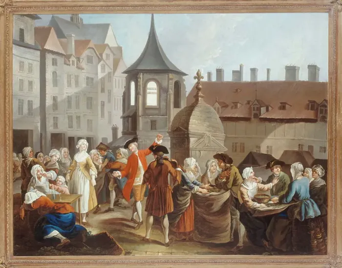 Framed Print : Pea shellers of les Halles, after 1759. Creator: Etienne Jeaurat Framed Print : Pea shellers of les Halles, after 1759. Creator: Etienne Jeaurat