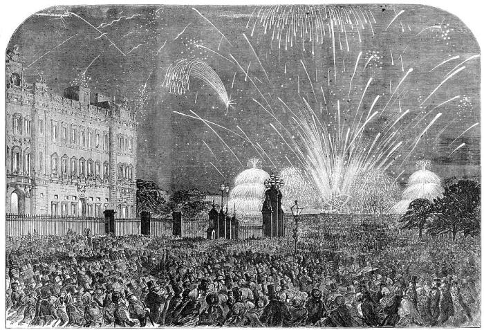 Framed Print : The Peace Commemoration: the Fireworks, sketched from the Mall, in St. James's Park, 1856. Creator: Unknown Framed Print : The Peace Commemoration: the Fireworks, sketched from the Mall, in St. James's Park, 1856. Creator: Unknown