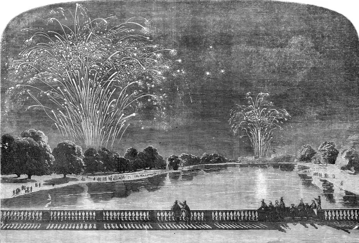 Framed Print : The Peace Commemoration - the Fireworks in Hyde-Park and the Green-Park, sketched from Kensington-Ga Creator: Unknown Framed Print : The Peace Commemoration - the Fireworks in Hyde-Park and the Green-Park, sketched from Kensington-Ga Creator: Unknown