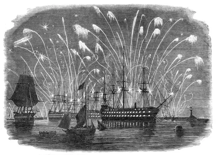 Framed Print : The Peace Commemoration at Plymouth - Rockets and General Illumination of the Fleet in the Sound - f Creator: Unknown Framed Print : The Peace Commemoration at Plymouth - Rockets and General Illumination of the Fleet in the Sound - f Creator: Unknown