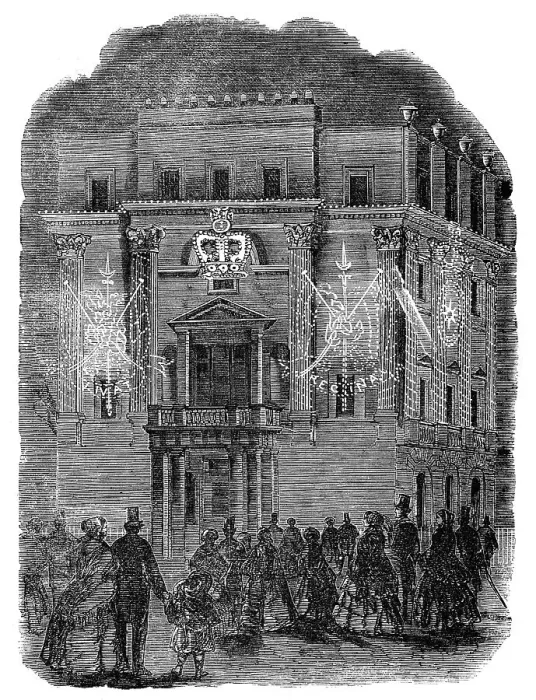 Framed Print : The Peace Illumination - Right Hon. Lord Panmure's (Minister-at-War), Belgrave-Square, 1856. Creator: Unknown Framed Print : The Peace Illumination - Right Hon. Lord Panmure's (Minister-at-War), Belgrave-Square, 1856. Creator: Unknown