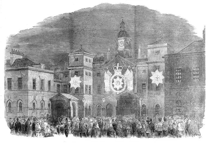 Framed Print : The Peace Illuminations - the Horse Guards, Whitehall Front, 1856. Creator: Unknown Framed Print : The Peace Illuminations - the Horse Guards, Whitehall Front, 1856. Creator: Unknown