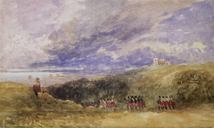 Framed Print : Peace and War, Lympne Church and Castle, 1847-49. Creator: David Cox the Elder Framed Print : Peace and War, Lympne Church and Castle, 1847-49. Creator: David Cox the Elder