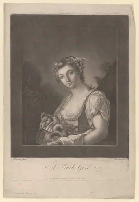 Framed Print : A Peach Girl: a woman carrying peaches in her apron and holding up one, 1786. Creator: James Wilson Framed Print : A Peach Girl: a woman carrying peaches in her apron and holding up one, 1786. Creator: James Wilson