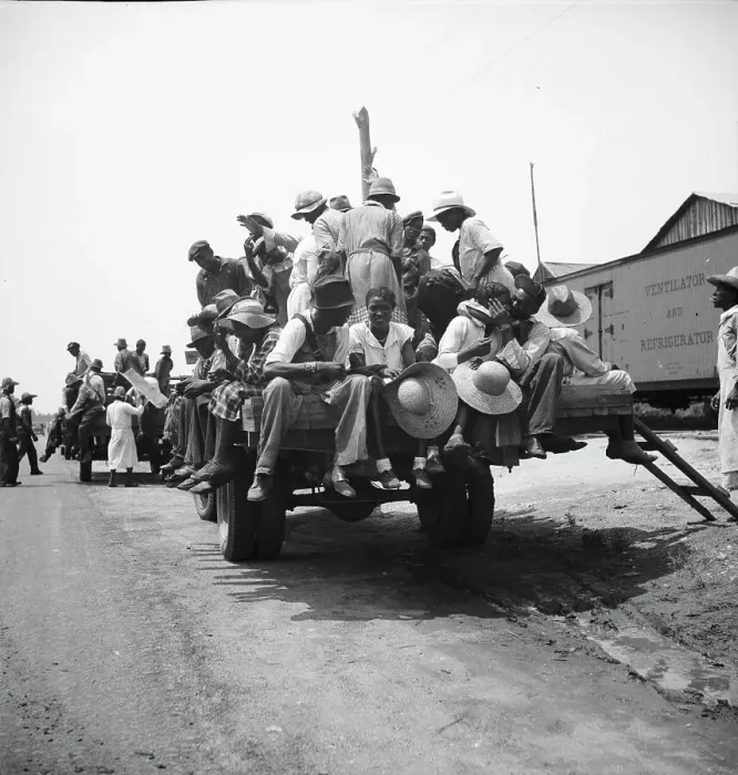 Framed Print : Peach pickers being driven to the orchards, Muscella, Georgia, 1936. Creator: Dorothea Lange Framed Print : Peach pickers being driven to the orchards, Muscella, Georgia, 1936. Creator: Dorothea Lange